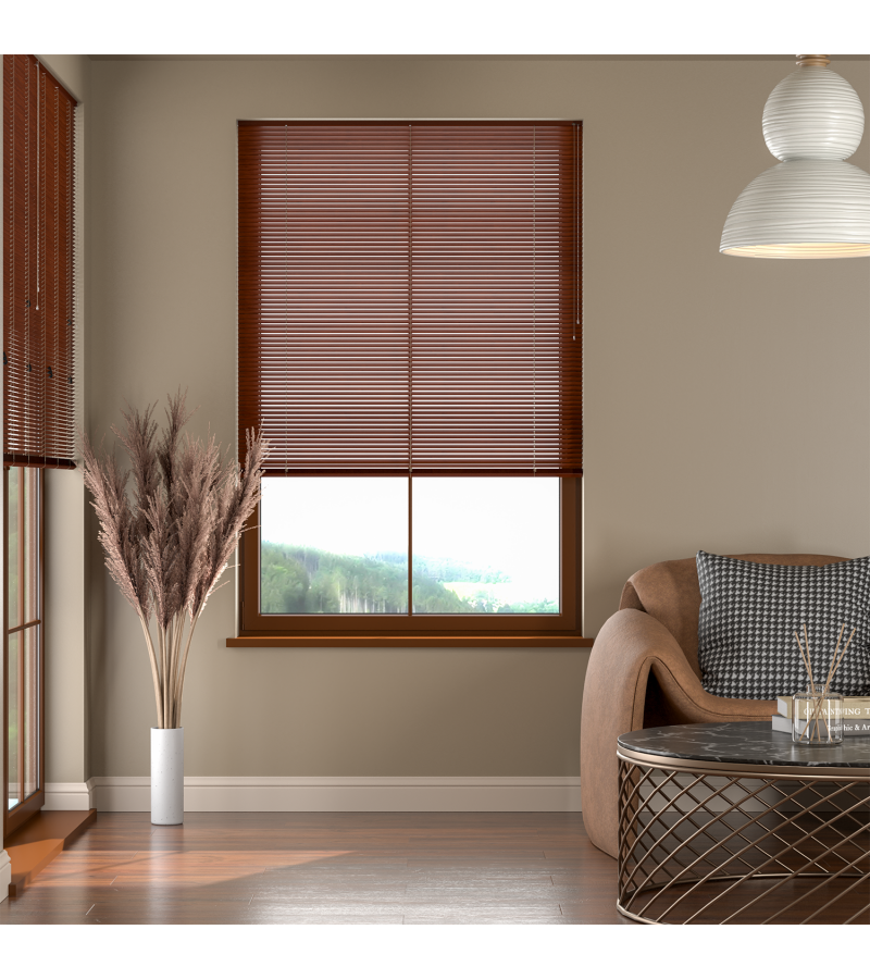 L-Shaped Cherry Mahogany Venetian Blinds
