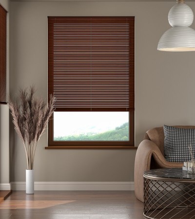 L-Shaped Cherry Mahogany Venetian Blinds