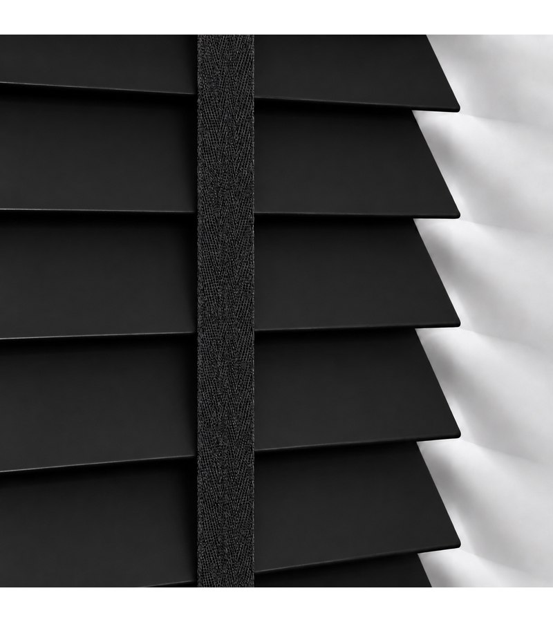 Gloss White Wooden Blinds Jet Black wooden venetian blind with tapes