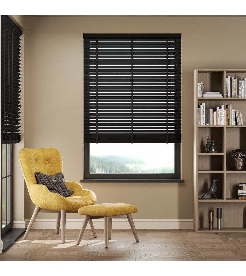 Gloss White Wooden Blinds Jet Black wooden venetian blind with tapes