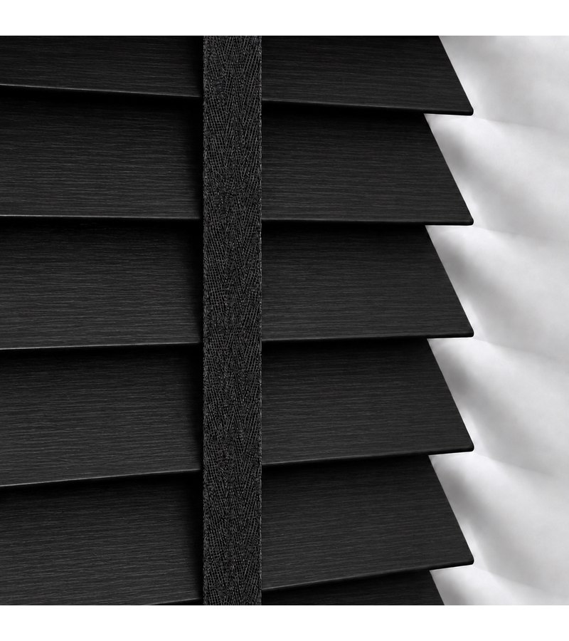 Gloss White Wooden Blinds Black Fine Grain faux wood venetian blind with tapes