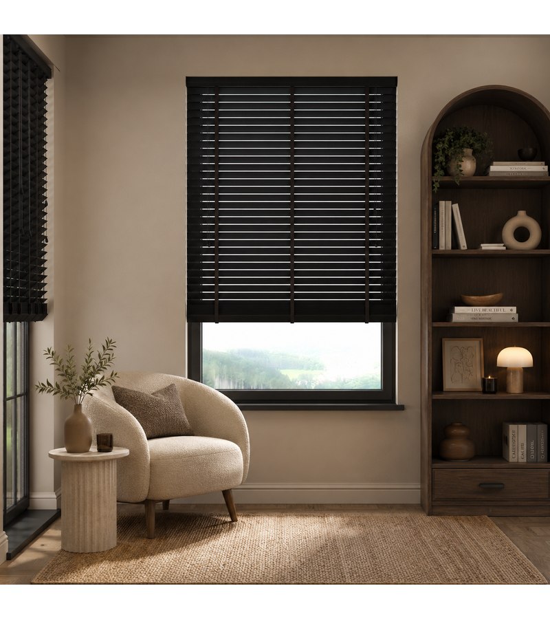 Gloss White Wooden Blinds Black Fine Grain faux wood venetian blind with tapes
