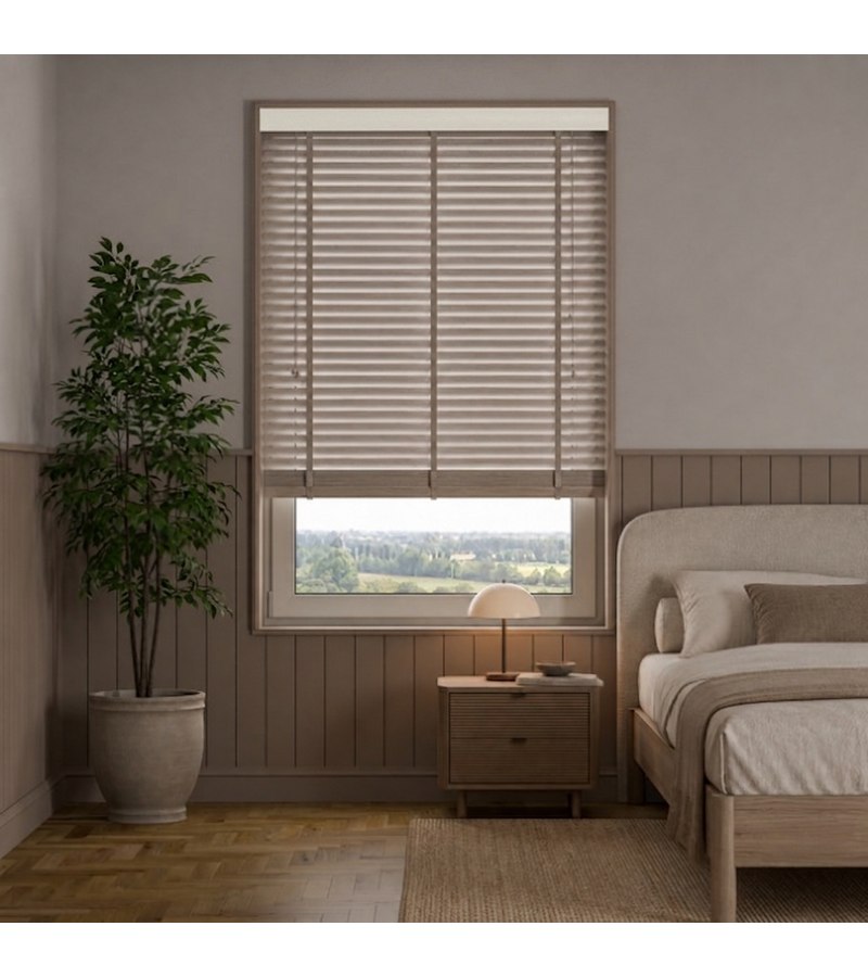 Stone Greige wooden venetian blind with tapes