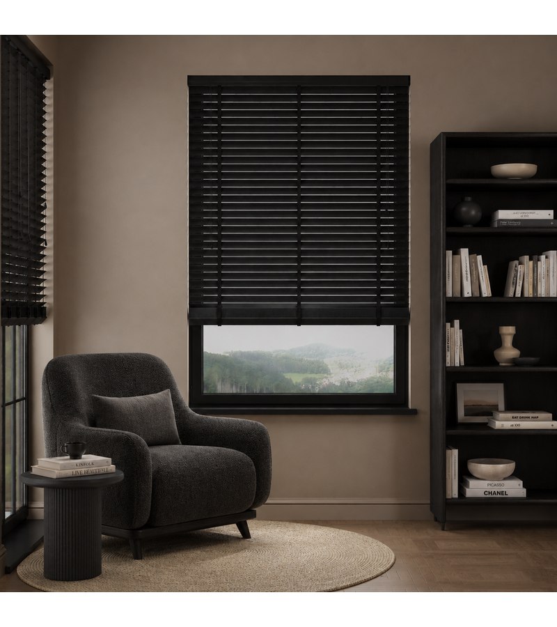 Gloss White Wooden Blinds Black Fine Grain wooden venetian blind with tapes